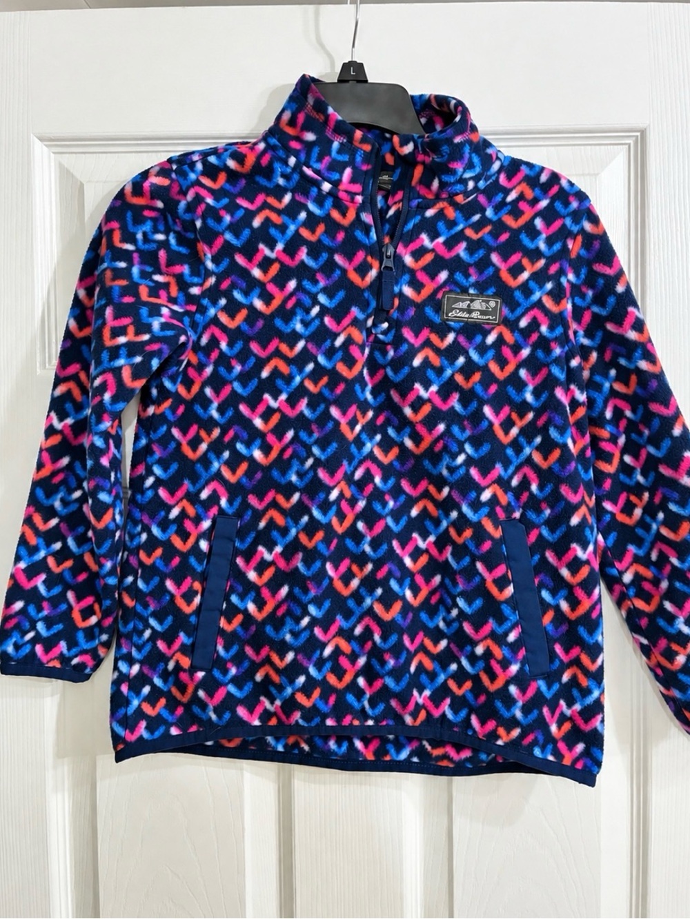 Eddie Bauer Navy Blue Fleece Pullover with Pink & Red Chevron Hearts